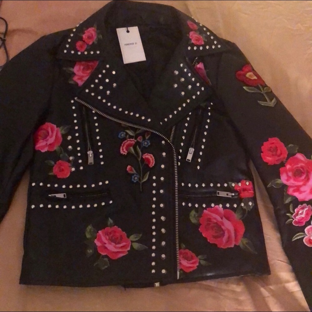 Black Leather Jacket with Roses and Butterflies